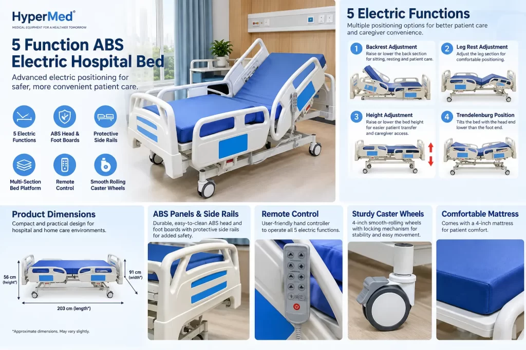 HyperMed 5 function ABS electric hospital bed with adjustable functions, side rails and remote control