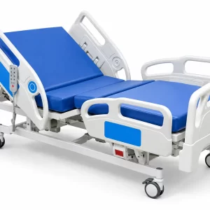 HyperMed 5 function ABS electric hospital bed with blue mattress and adjustable side rails