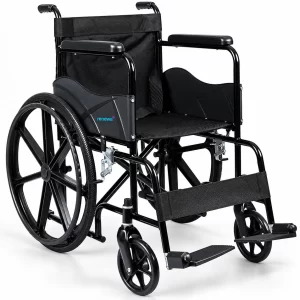 Renewa black foldable manual wheelchair with large rear wheels and footrests