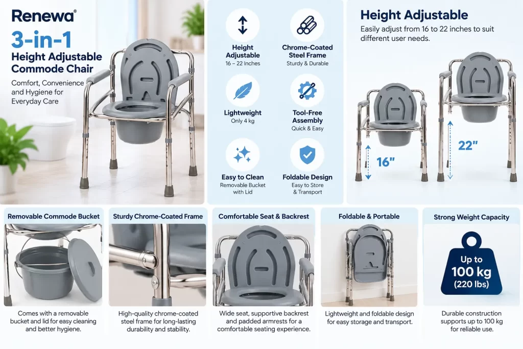Renewa height adjustable commode chair features and specifications