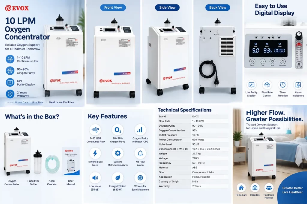 Evox 10 LPM oxygen concentrator features and specifications