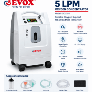 Evox 5 LPM oxygen concentrator with 93% ±3% oxygen concentration and smart touch display
