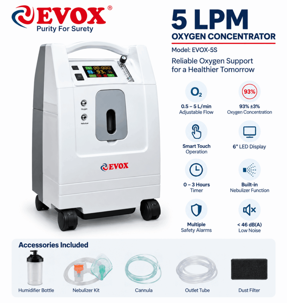 Evox 5 LPM oxygen concentrator with 93% ±3% oxygen concentration and smart touch display