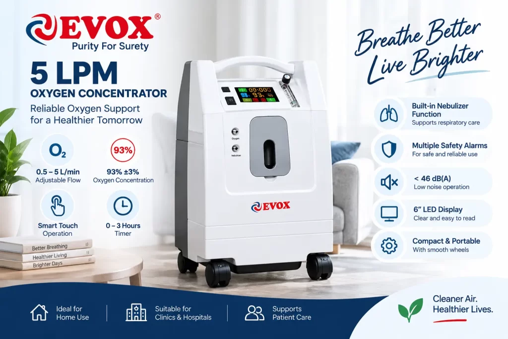 Evox 5 LPM oxygen concentrator with adjustable oxygen flow, smart touch operation and safety features