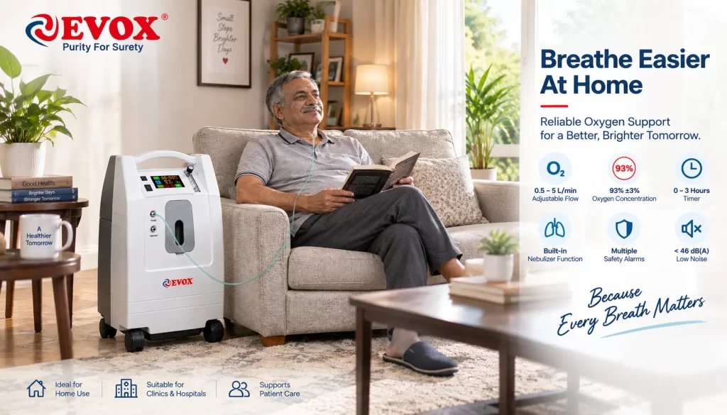 Evox 5 LPM oxygen concentrator in a home setting with patient using nasal cannula
