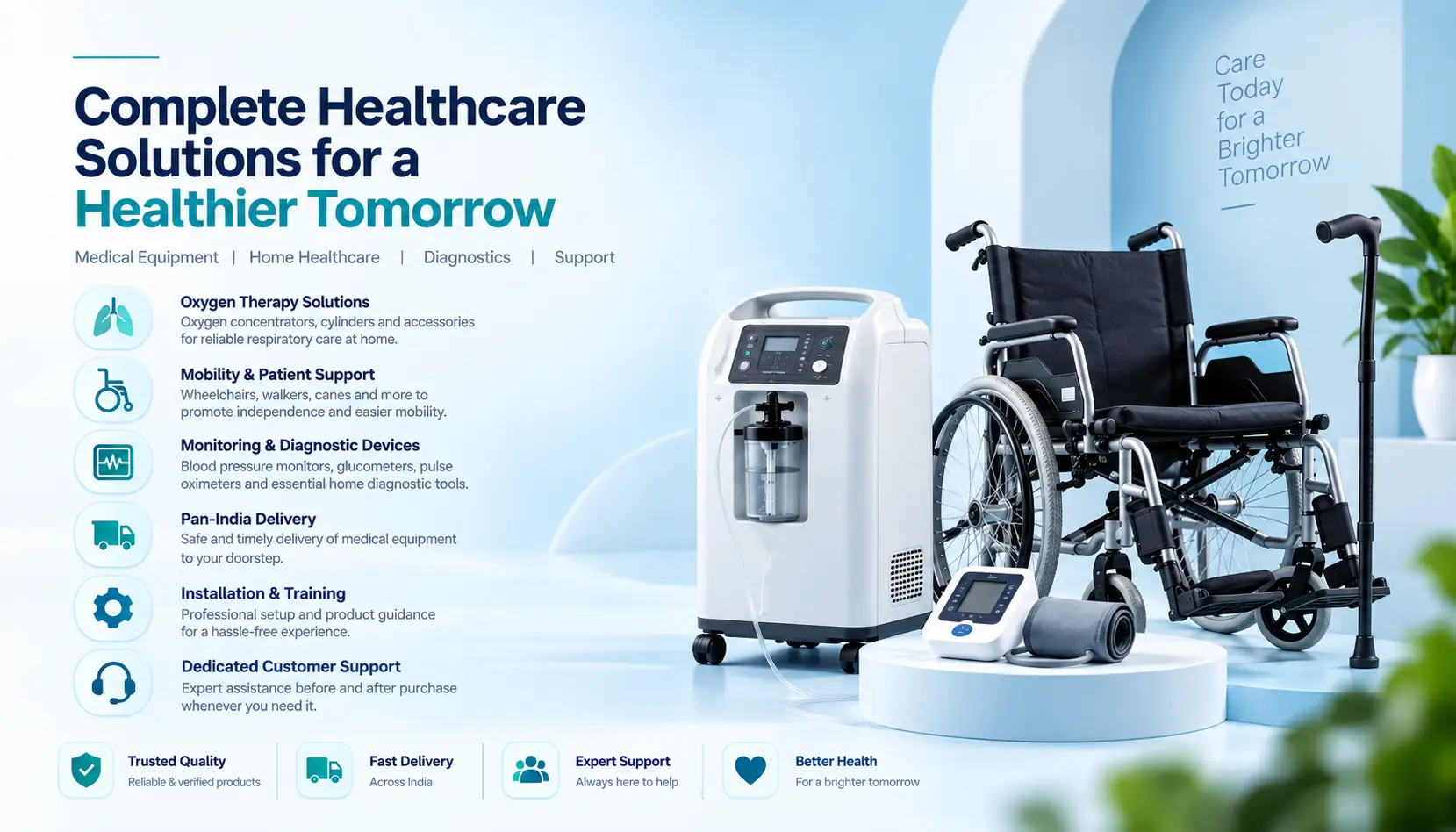 Medical equipment including oxygen concentrator, wheelchair, blood pressure monitor and walking cane