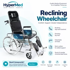 Reclining wheelchair with high-back support and elevating leg rests