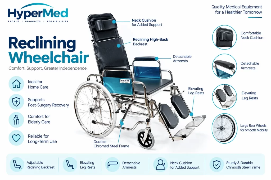 Reclining wheelchair with high-back support, neck cushion and elevating leg rests